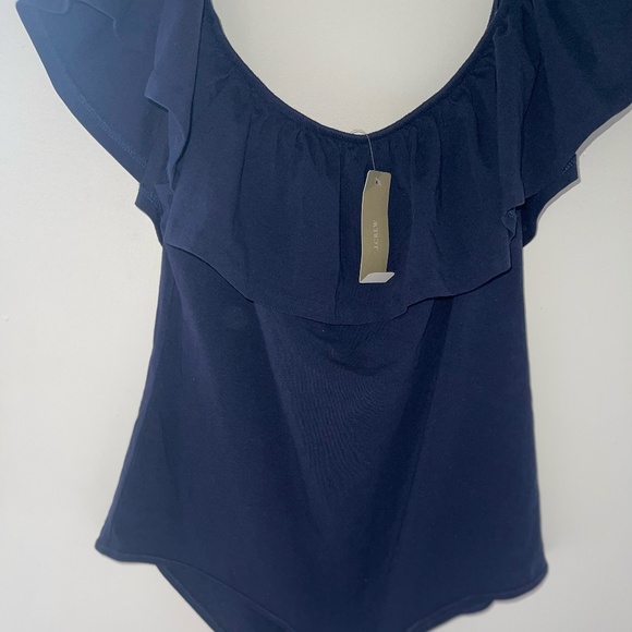 NWT J. Crew Navy Blue Ruffle Bodysuit Off-the-Shoulder XL - Picture 1 of 3